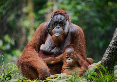 Orang-Utan (Pongo) Muttertier mit Jungen in tropischer Landschaft