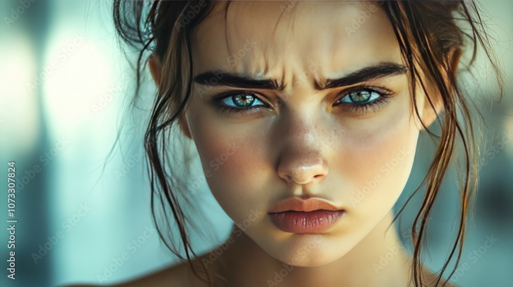 The face of the young woman, biting her lip and frowning, shows anger and dissatisfaction. The blurred background emphasizes the expression of emotion. The face of the young woman, biting her lip and frowning, shows anger and dissatisfaction. The blurred background emphasizes the expression of emotion.