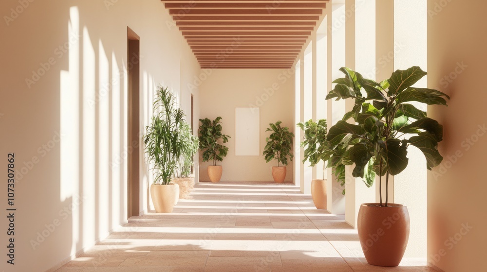 Bright and Airy Modern Spanish Home Hallway with Terracotta Flooring, Contemporary Art, and Potted Plants Bright and Airy Modern Spanish Home Hallway with Terracotta Flooring, Contemporary Art, and Potted Plants