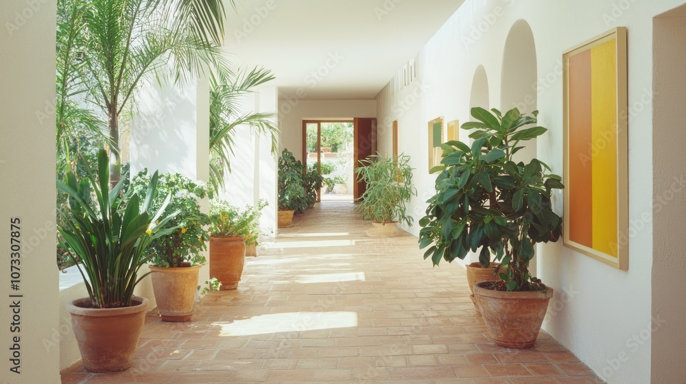 Elegant Spanish Home Hallway with Terracotta Flooring and Potted Plants Elegant Spanish Home Hallway with Terracotta Flooring and Potted Plants