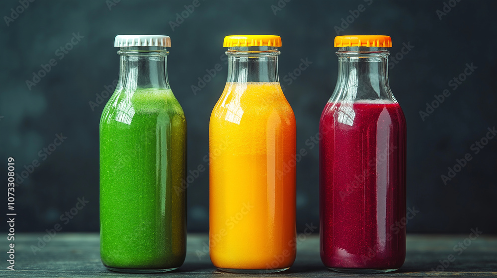 Green, yellow, orange and red smoothie in glass bottles Green, yellow, orange and red smoothie in glass bottles