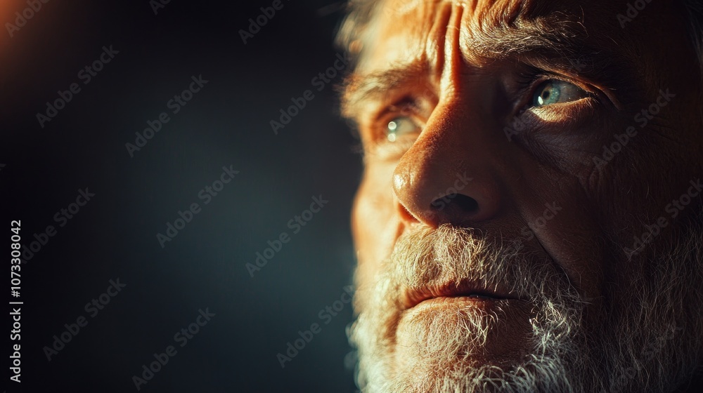 The old man looked away in fear. His face showed concern and panic. The light from the side created shadows, making the image look fierce. The old man looked away in fear. His face showed concern and panic. The light from the side created shadows, making the image look fierce.
