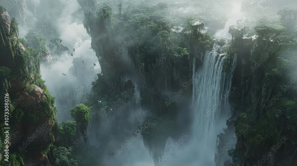 High waterfall with mist clouds at the base, dense greenery framing the powerful, clear water flow High waterfall with mist clouds at the base, dense greenery framing the powerful, clear water flow