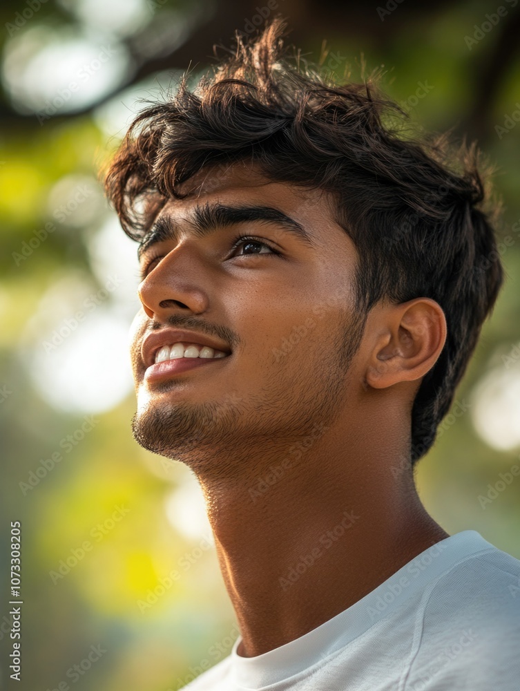 Young Man Looking Upwards with a Smile Young Man Looking Upwards with a Smile