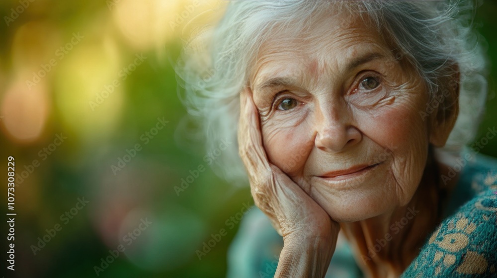 The old woman raised her hand to her cheek, her face showed nostalgia and calmness. Blurred background to emphasize subtle emotions The old woman raised her hand to her cheek, her face showed nostalgia and calmness. Blurred background to emphasize subtle emotions