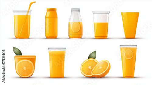 Orange juice packaging container mockup set, vector illustration. Glass bottle, plastic cup, carton pack templates photo