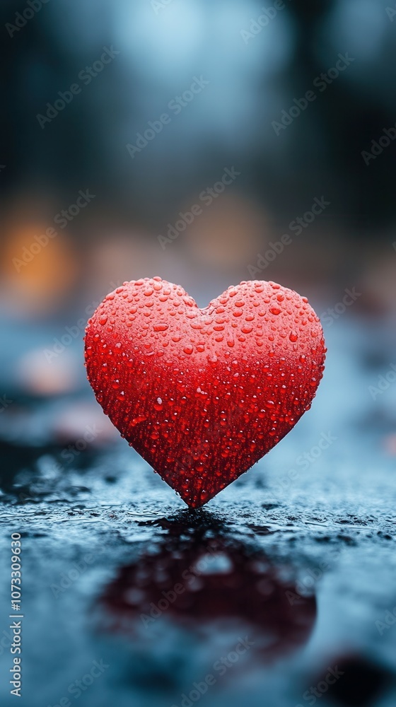 Fototapeta premium A red heart sits on a wet surface, glistening with water droplets. The soft focus background suggests a rainy day, enhancing the emotional and romantic atmosphere created by the vibrant heart.