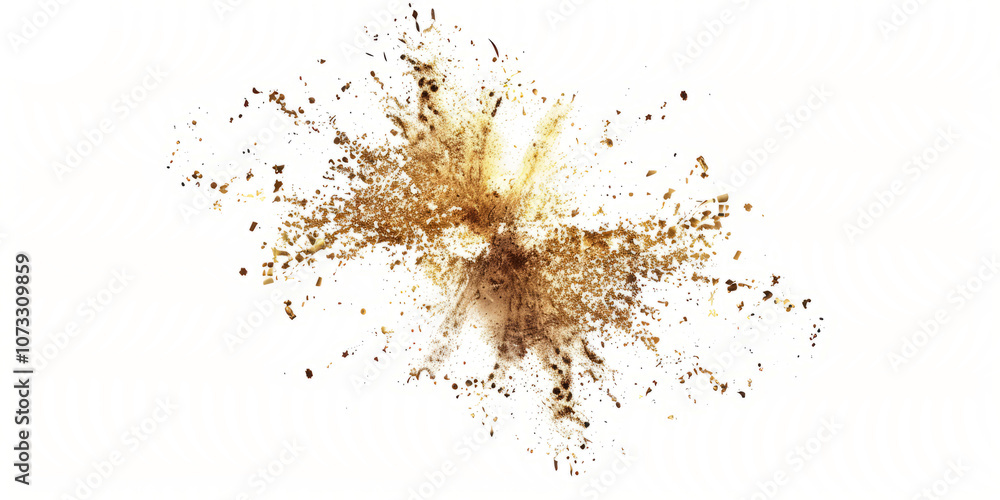 Scattered soil particles forming a starburst pattern in mid-air, set against a white backdrop Scattered soil particles forming a starburst pattern in mid-air, set against a white backdrop