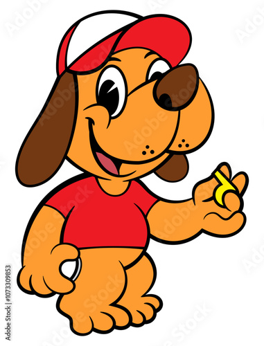 Funny Coach Dog cartoon characters wearing cap, carrying a whistle and stopwatch. Best for sticker, logo, and mascot with athletics themes for kids