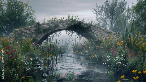 Over a tranquil river, an ancient bridge stands, surrounded by blooming wildflowers and tall reeds. photo