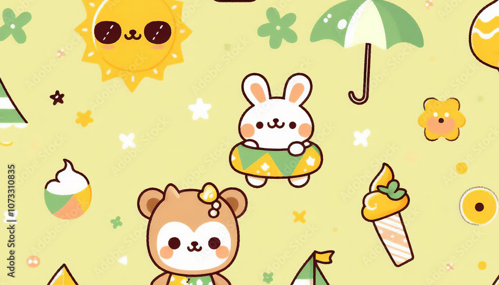 Fototapeta premium 夏をイメージしたかわいらしい動物のイラスト
