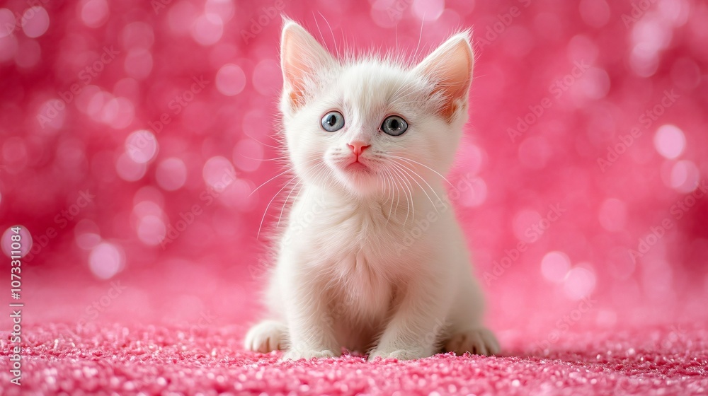 Cute white kitten sitting on a pink surface with a joyful expression and soft features Cute white kitten sitting on a pink surface with a joyful expression and soft features