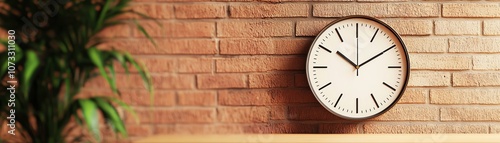 Wallpaper Mural A stylish clock on a textured brick wall with a green plant in a serene indoor setting. Torontodigital.ca