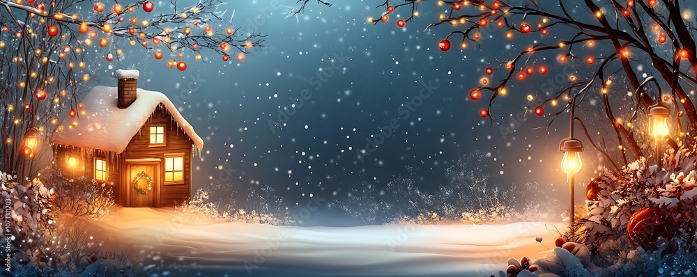 Naklejka premium A cozy winter scene with a snow-covered cabin, festive lights, and a serene atmosphere.