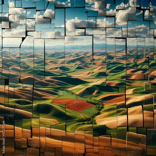 A broken mirror image of a peaceful countryside with rolling hil photo