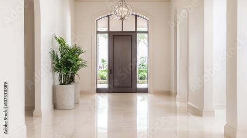 Contemporary Spanish Minimalist Entryway with Statement Light Fixture and Decorative Plants