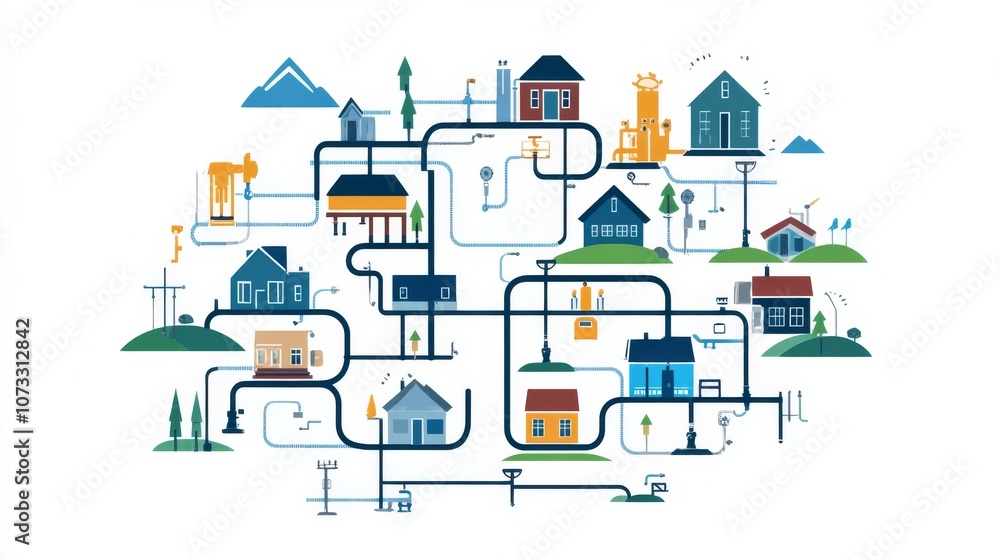 Fototapeta premium rural natural gas distribution, diagram of rural gas supply network, isolated, white background, community focus