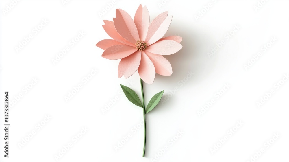 Fototapeta premium Pastel pink flower icon with green stem for spring, isolated on white