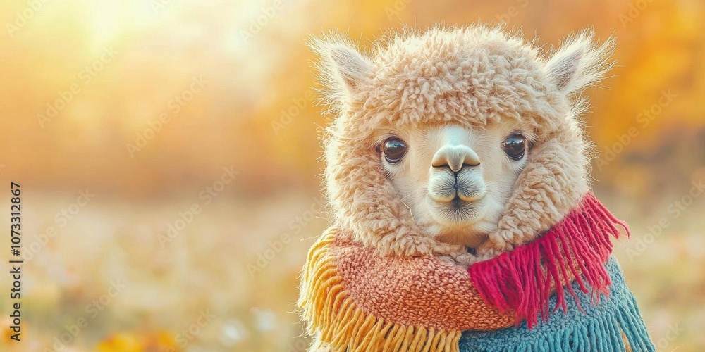 Alpaca with a cozy, fringed boho scarf, standing in a meadow, warm sunlight, earthy tones, soft textures Alpaca with a cozy, fringed boho scarf, standing in a meadow, warm sunlight, earthy tones, soft textures