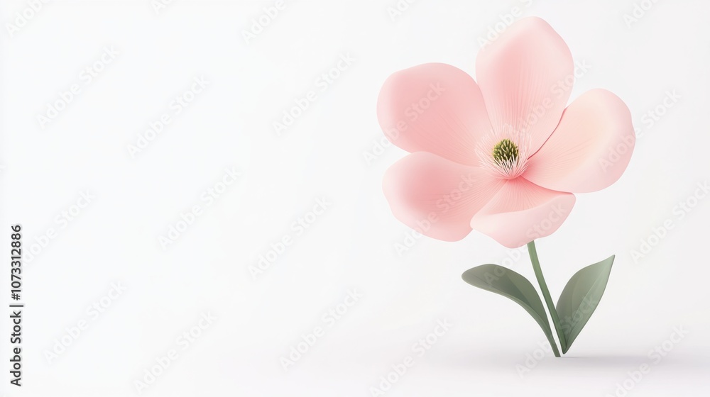 Obraz premium Pastel pink flower icon with green stem for spring, isolated on white