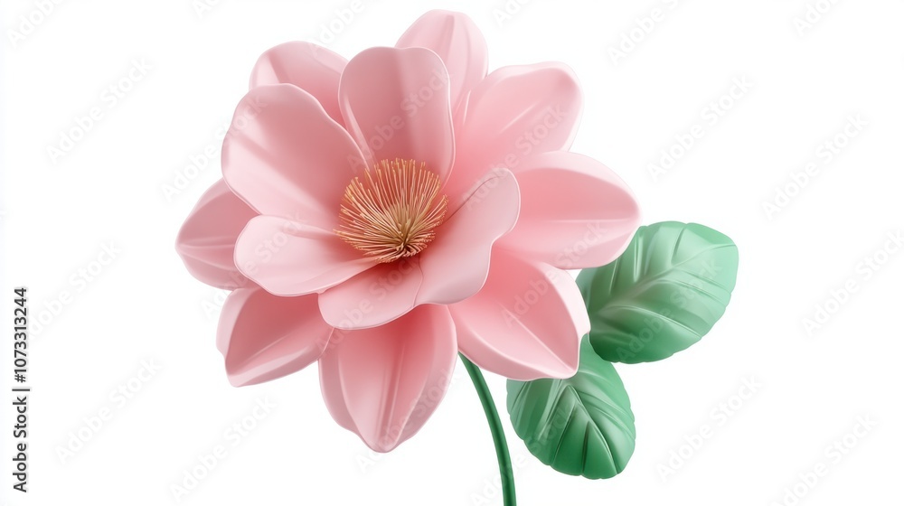 Spring icon flower in pink with green leaves, isolated on white background Spring icon flower in pink with green leaves, isolated on white background