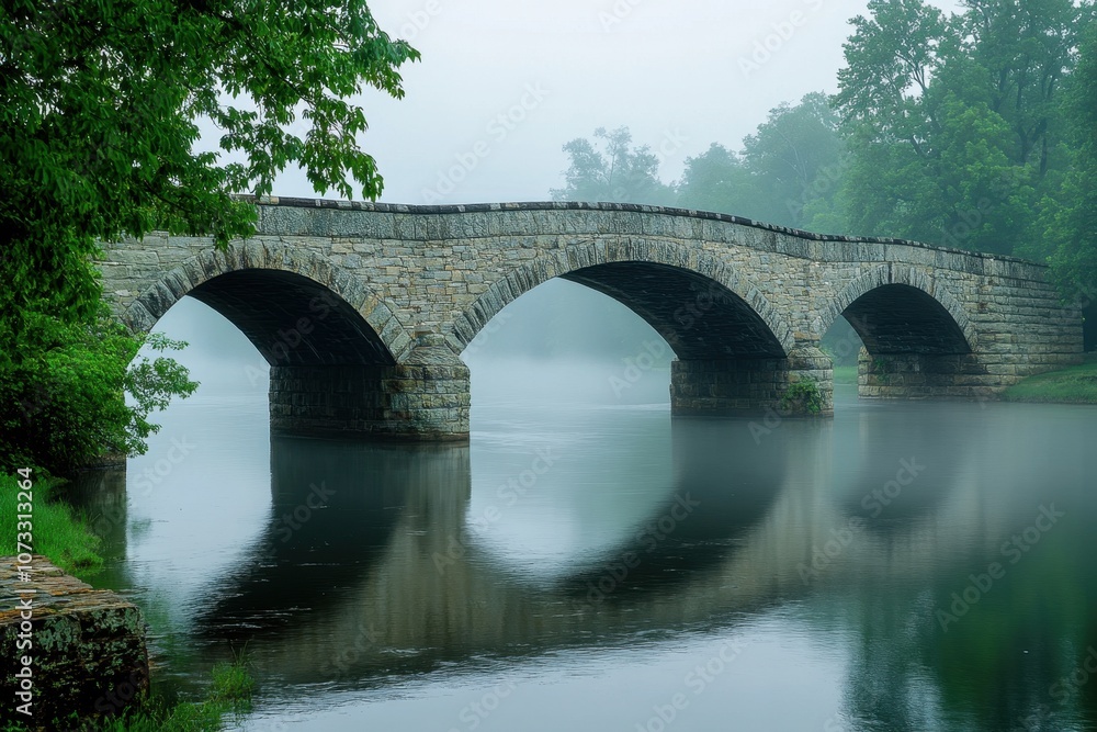Fototapeta premium Bridges Over a Foggy River: A historic bridge arching over a slow-moving river