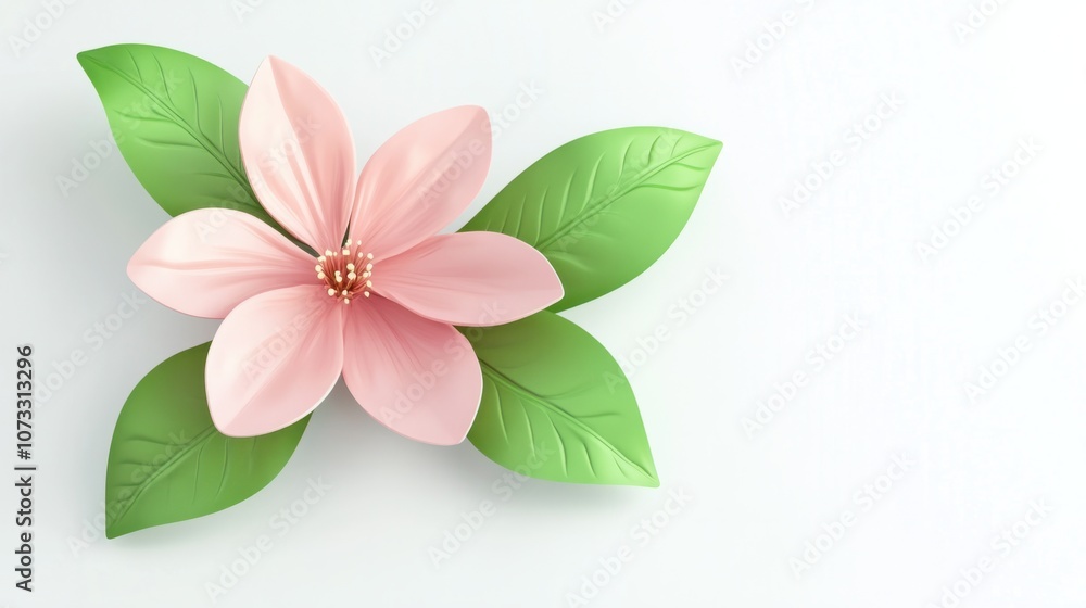 Spring icon in with a pink flower and green leaves, isolated on white Spring icon in with a pink flower and green leaves, isolated on white