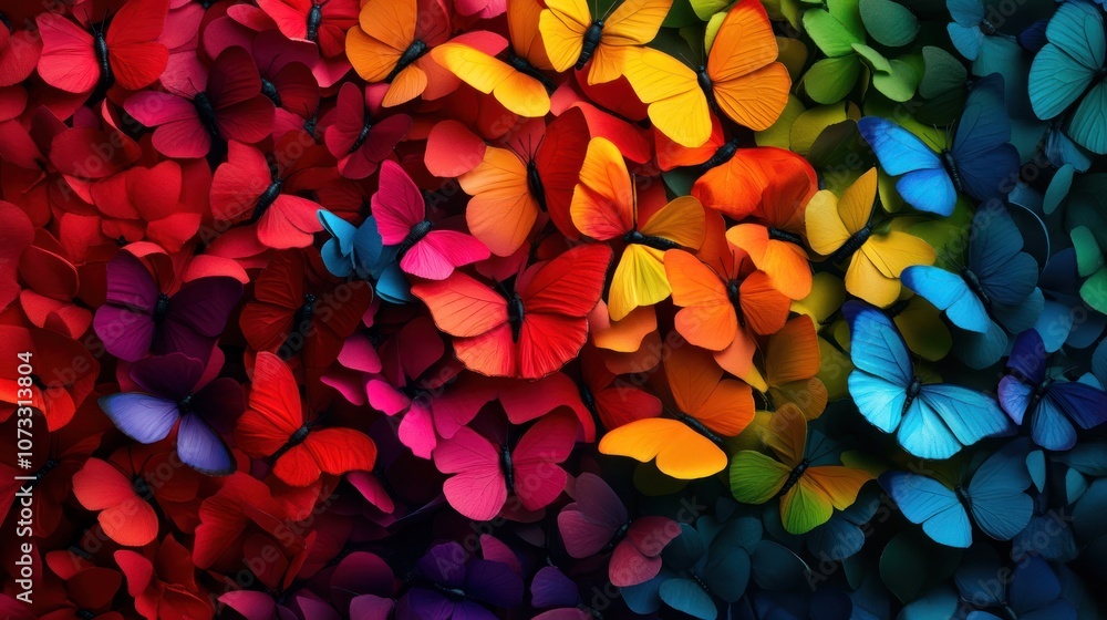 A vivid display of colorful butterflies creating a mesmerizing pattern, showcasing nature's beauty in vibrant hues. A vivid display of colorful butterflies creating a mesmerizing pattern, showcasing nature's beauty in vibrant hues.
