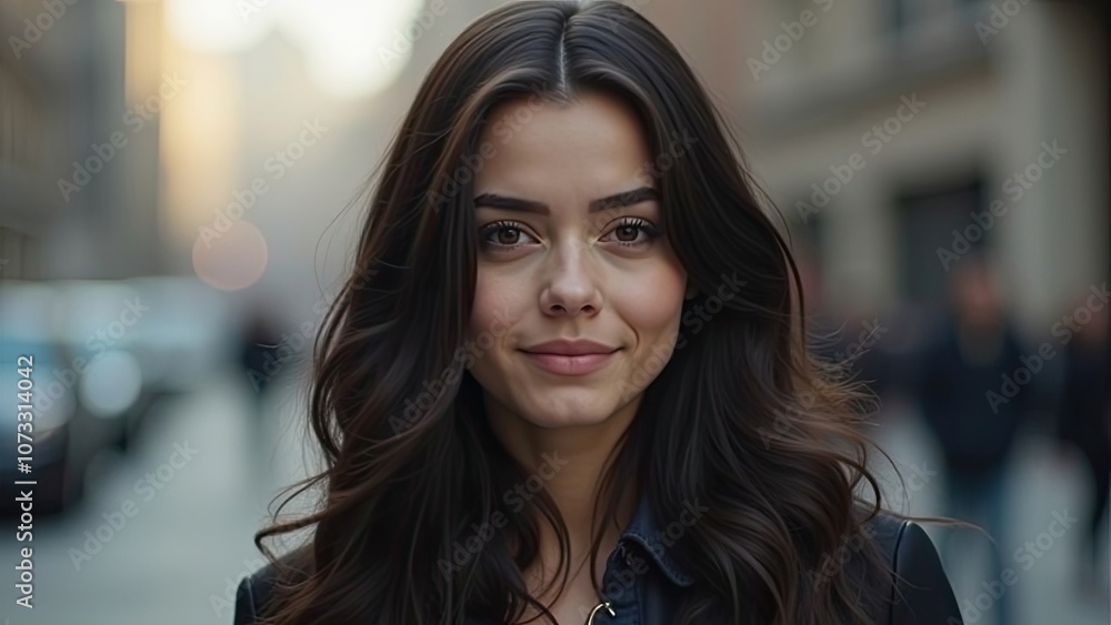 Young Woman With Long Dark Hair Smiles Confidently on a Busy City Street During Golden Hour in Early Evening Young Woman With Long Dark Hair Smiles Confidently on a Busy City Street During Golden Hour in Early Evening