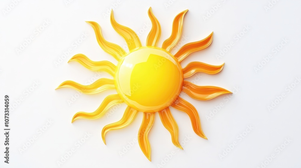 Warm sun icon in with bright yellow rays, symbolizing summer, isolated on white Warm sun icon in with bright yellow rays, symbolizing summer, isolated on white