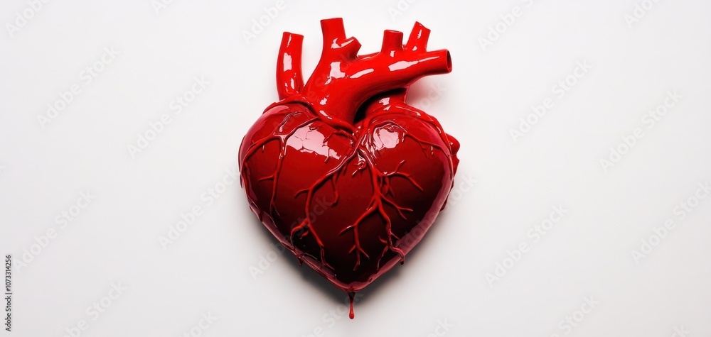 A realistic image of a red anatomical heart, showcasing detailed features and a shiny surface against a minimalistic background.