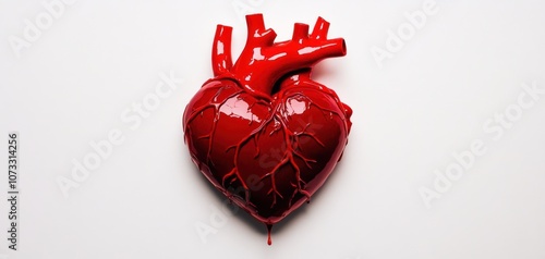 Obraz na płótnie A realistic image of a red anatomical heart, showcasing detailed features and a shiny surface against a minimalistic background. w salonie