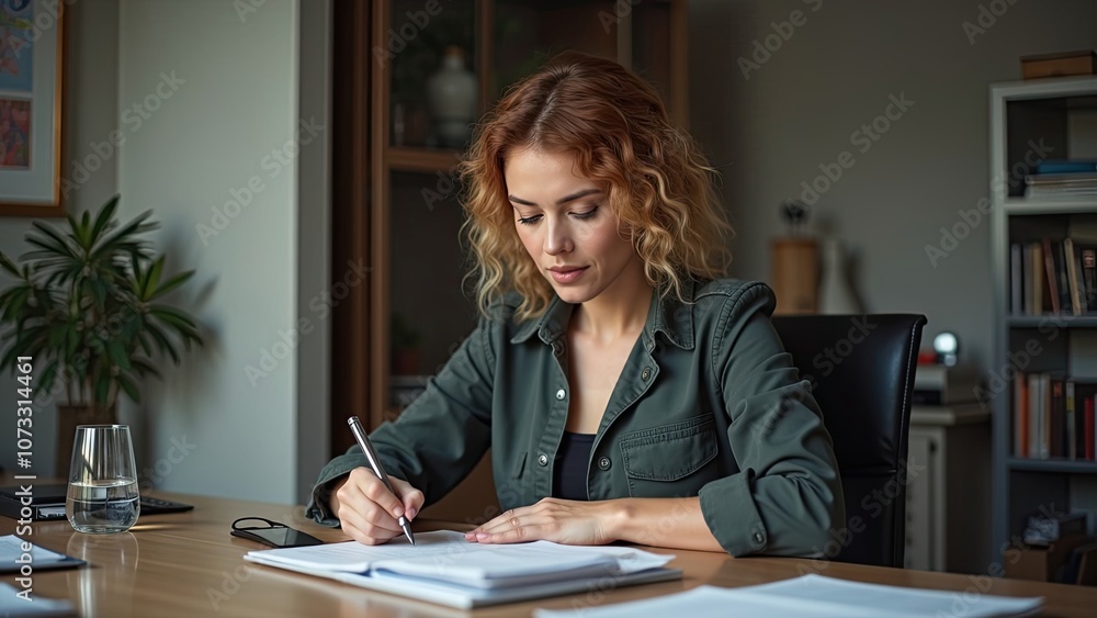 A Woman Engaged in Writing Notes at a Wooden Desk in a Cozy Living Room During the Afternoon Light A Woman Engaged in Writing Notes at a Wooden Desk in a Cozy Living Room During the Afternoon Light