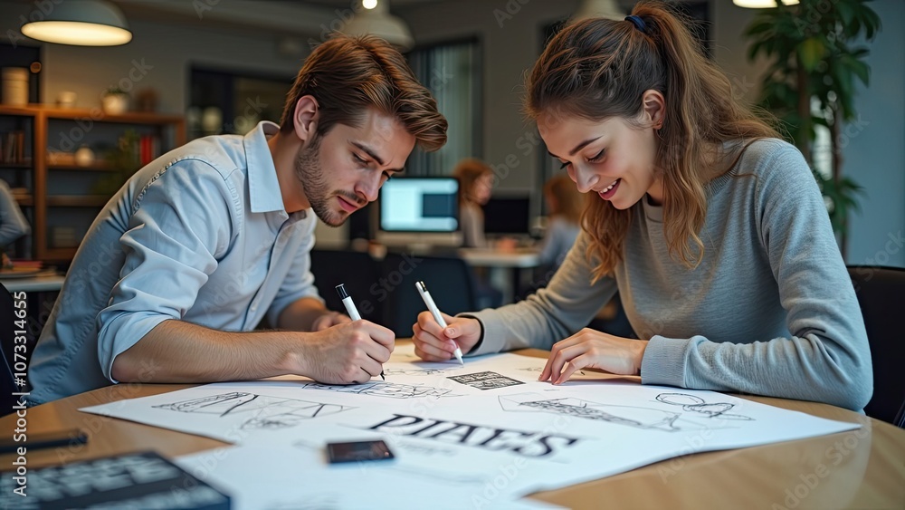 Fototapeta premium Creative Individuals Collaborate on Design Sketches in a Modern Workspace, Surrounded by Technology and Natural Light