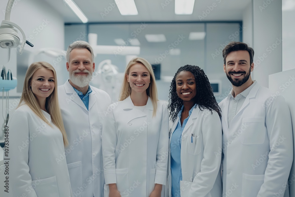 Fototapeta premium A group of dental professionals posing together in a well-lit, modern clinic, smiling confidently