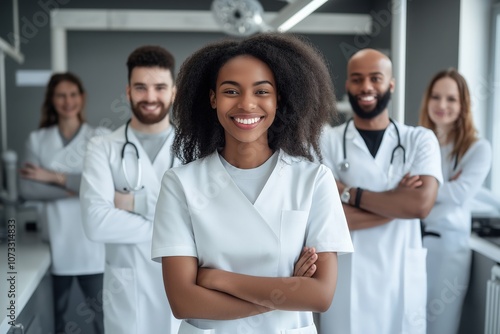 A group of dental professionals posing together in a well-lit, modern clinic, smiling confidently