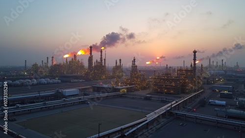 Oil Refinery at Sunset With Flames and Smoke Rising Into the Sky Over Industrial Landscape