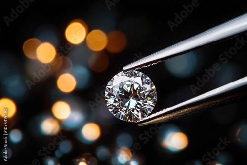 diamond on tweezers and bokeh light background