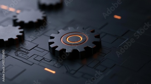 Close-up of a black gear in a digital landscape with glowing details. photo