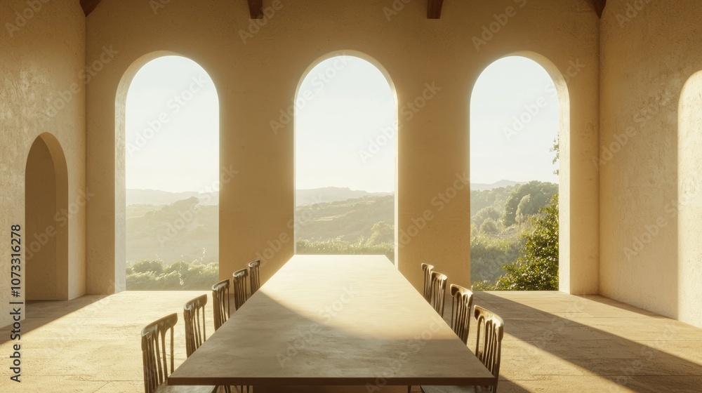 Elegant Spanish Dining Room with Panoramic Views of Surrounding Landscape in Chic Modern Setting Elegant Spanish Dining Room with Panoramic Views of Surrounding Landscape in Chic Modern Setting