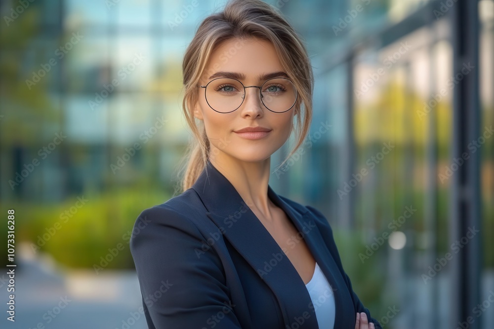 A 30 year old European woman stands confidently in a professional suit against a contemporary business center backdrop. She sports stylish sunglasses and exudes a modern, empowered look with a relaxed A 30 year old European woman stands confidently in a professional suit against a contemporary business center backdrop. She sports stylish sunglasses and exudes a modern, empowered look with a relaxed