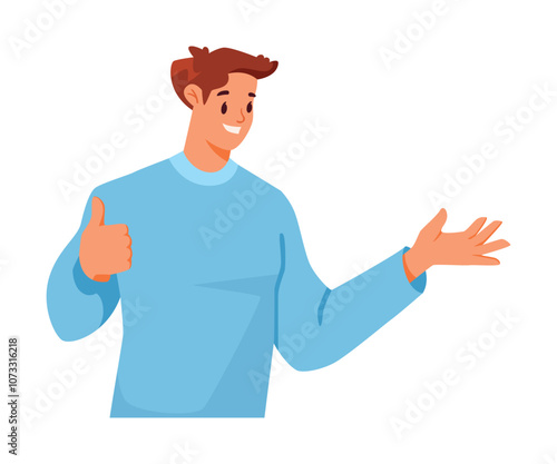 Man Character Showing Thumb Up Hand Gesture Expressing Emotion with Body Language Vector Illustration