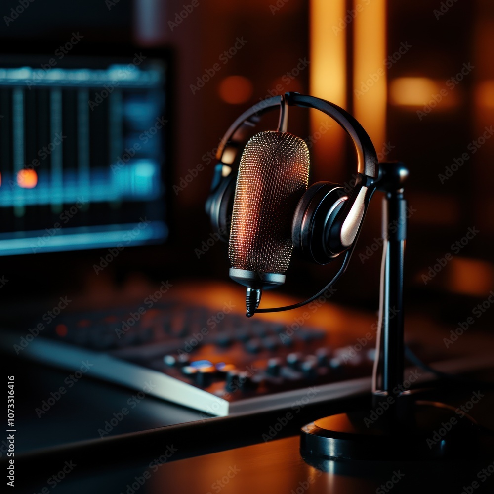 A stylish microphone paired with headphones, set against a backdrop of sound equipment, conveying a professional audio recording environment.