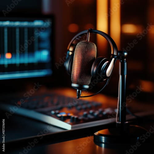 Obraz na płótnie A stylish microphone paired with headphones, set against a backdrop of sound equipment, conveying a professional audio recording environment. w salonie