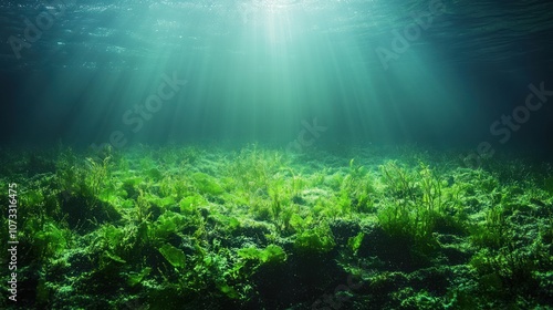 Underwater scene with green seaweed and sunbeams.