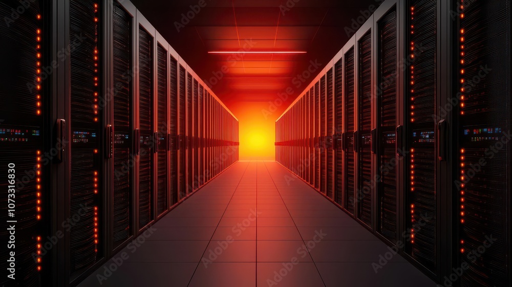 Fototapeta premium Futuristic data center corridor with glowing lights and rows of servers.