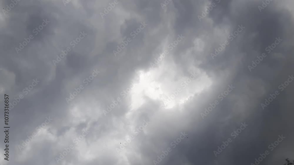 Dark and cloudy skies before heavy rain with bird flying around one by one Dark and cloudy skies before heavy rain with bird flying around one by one