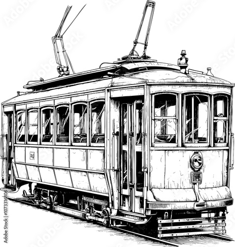 Vintage tram illustration with detailed structure and classic design in black and white