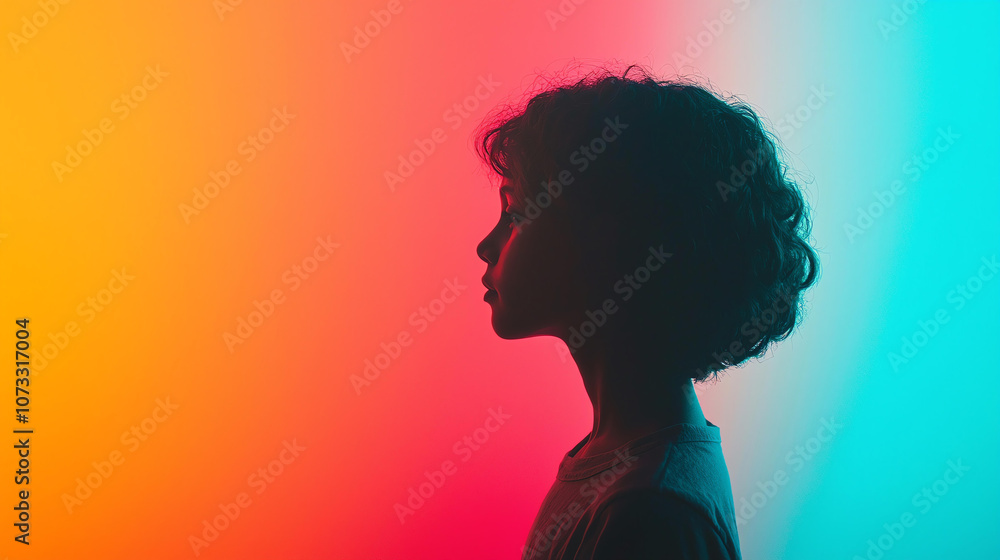 Abstract background profile silhouette of child against vibrant gradient background, showcasing soft focus colors of orange and teal, creating dreamy atmosphere Abstract background profile silhouette of child against vibrant gradient background, showcasing soft focus colors of orange and teal, creating dreamy atmosphere