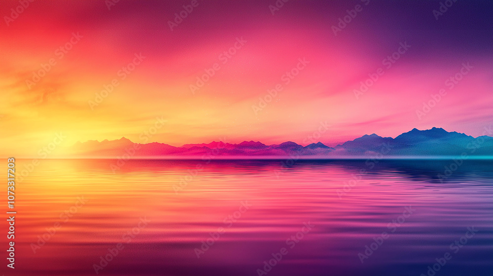 Abstract background vibrant sunset over calm sea, showcasing warm hues of orange, pink, and purple reflecting on water surface. distant mountains add depth to scene Abstract background vibrant sunset over calm sea, showcasing warm hues of orange, pink, and purple reflecting on water surface. distant mountains add depth to scene